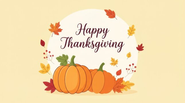 A festive happy thanksgiving greeting card design featuring orange pumpkins and colorful autumn leaves on background