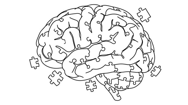 Mental health concept with brain and puzzle pieces line art