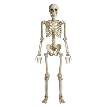 Anatomical human skeleton model, full body medical bone structure, educational biology and halloween concept isolated on White Background