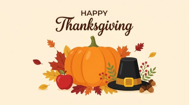 A festive happy thanksgiving greeting card design featuring a large orange pumpkin and traditional pilgrim hat