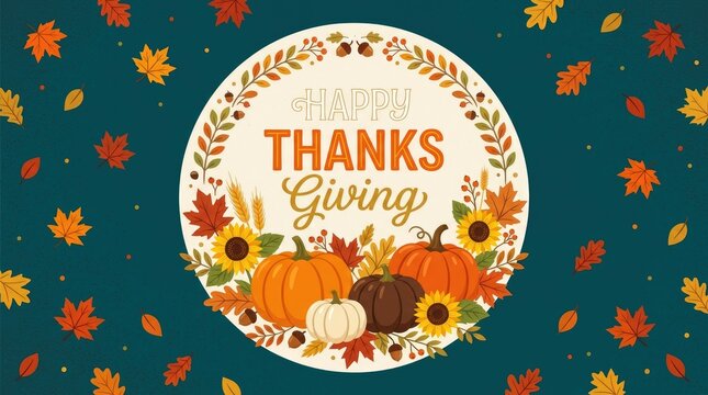 Decorative thanksgiving greeting card design featuring pumpkins and autumn leaves on a dark teal background pattern