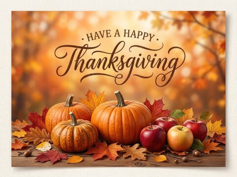 Beautiful festive thanksgiving greeting card featuring ripe pumpkins and fresh apples on a rustic wooden background