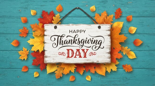 A rustic wooden sign wishing a happy thanksgiving day surrounded by colorful autumn leaves on wood
