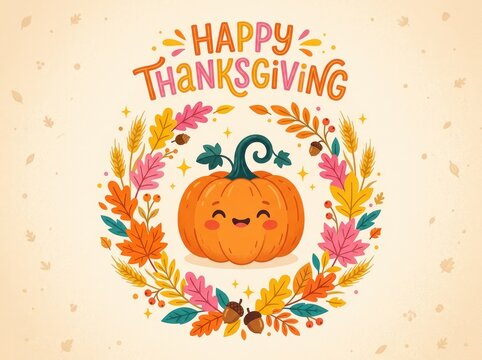 Cute hand drawn pumpkin illustration with colorful autumn leaves for a festive happy thanksgiving holiday greeting card