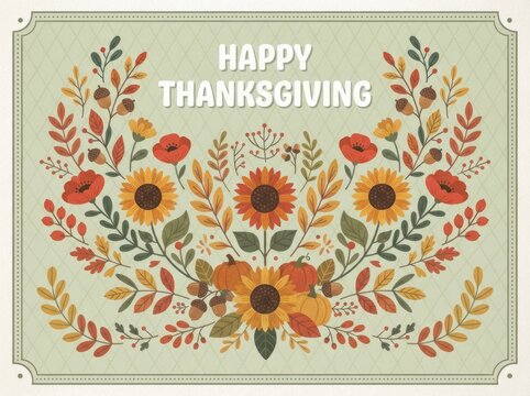 Vintage style floral illustration with a festive happy thanksgiving greeting card design on light green background
