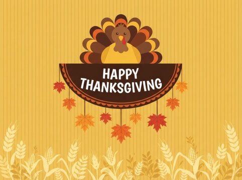 Decorative happy thanksgiving greeting card design featuring a cute turkey illustration and colorful autumn maple leaves