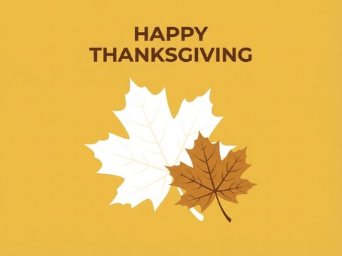 A festive happy thanksgiving greeting card design featuring a beautiful autumn maple leaf on yellow background