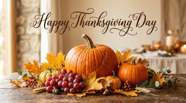 Beautiful rustic thanksgiving table centerpiece featuring orange pumpkins and autumn leaves for a festive holiday celebration