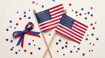 Obraz premium Two small American flags with red and blue star confetti and ribbon on white background.
