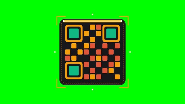 Animated QR code tile assembly scanning icon with black surface and orange dashed border isolated on green screen for digital interface technology.