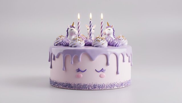 Cute purple unicorn birthday cake decorated with dripping glaze candles frosting swirls and sprinkles
