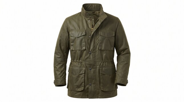 Military green field jacket with utility pockets, olive drab waxed cotton safari coat, rugged outdoor mens utility jacket on white background