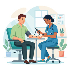 Obraz premium Nurse measures patient's blood pressure in a modern clinic, doctor checkup, healthcare concept