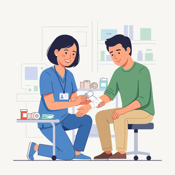 Nurse applying bandage to patient's arm in clinic, medical care, first aid, and treatment illustration
