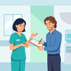 Fototapeta premium Nurse and Patient Signing Medical Document Clipboard in Clinic Office