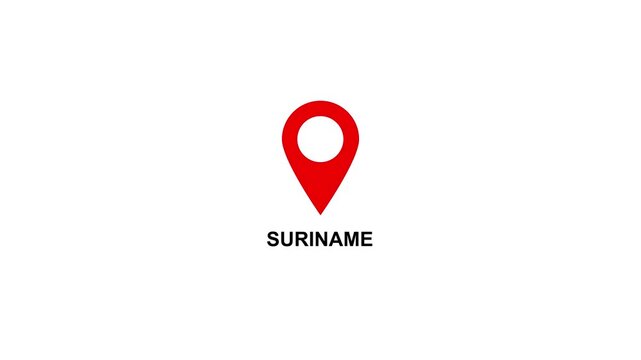 Red location pin icon with white circle and text on  SURINAME white background map marker navigation. Location or map pin icon symbol set. Location pointer.