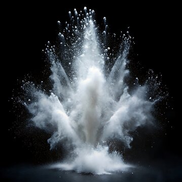 White Powder Explosion Isolated on a Black Background with Fine Particles and Dust
