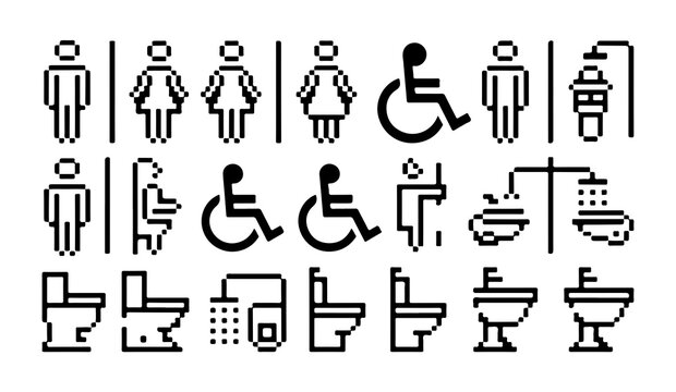 A collection of pixelated black icons for public restrooms and accessibility, including men and women.