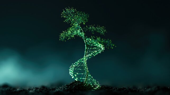A glowing green DNA double helix growing into a tree in dark soil