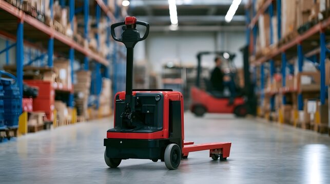 A red electric pallet jack stands ready in a large warehouse aisle lined with tall shelves and boxes