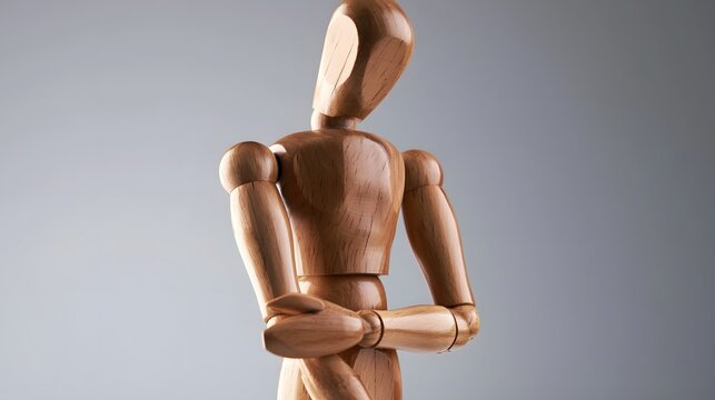 A wooden mannequin figure stands upright with arms crossed against a plain gray background