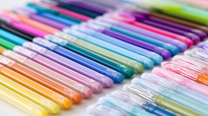 Fototapeta premium A vibrant collection of colorful pens arranged neatly in rows on a clean white surface showcasing bright hues and smooth plastic bodies