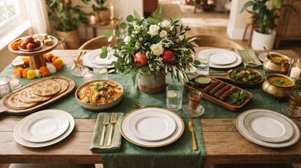 Fototapeta premium Festive Dining Table with Floral Centerpiece, White Roses and Gold Cutlery on Green Table Runner