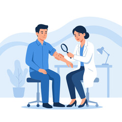 Fototapeta premium Dermatologist examining a patient's skin condition with a magnifying glass in a modern clinic setting.