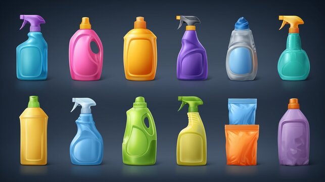 Premium 3D vector display boards, cleaning product packaging, spray bottles, detergent containers, refill pouches, brightly colored, isolated objects.