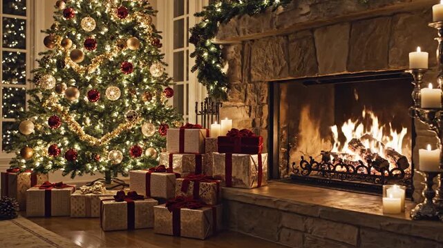 Christmas tree with gifts by burning fireplace in living room