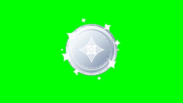 Shiny platinum metal coin rotating and popping with glitter effects isolated on chroma key green screen for gaming and wealth themes