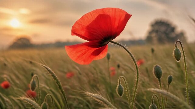 Close-up of a red poppy flower in a field at sunset
