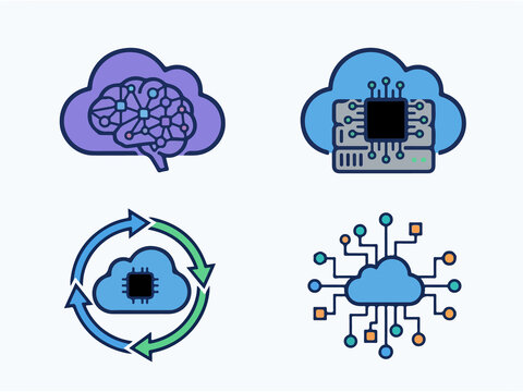 Digital cloud computing and icons representing technology and data processing concepts