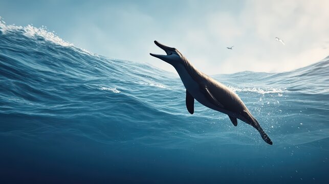 A giant mosasaurus with open jaws rises toward the sunlit ocean surface. This cinematic underwater scene showcases the prehistoric marine predator's fierce power.