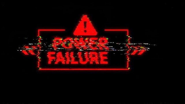 Power failure warning text with red glow and glitch effect
