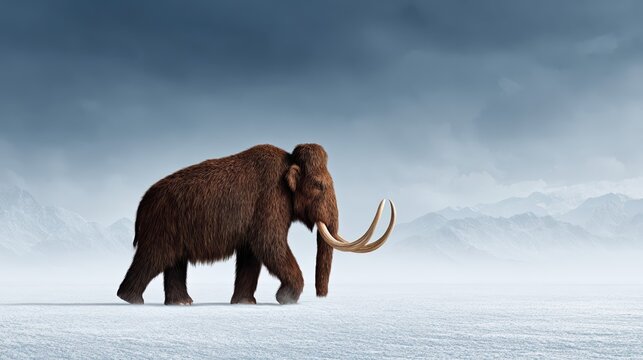 A massive woolly mammoth trudges across a snowy tundra under a cloudy sky. Its frosty brown fur and long tusks evoke a cinematic, ultra-realistic Ice Age scene.