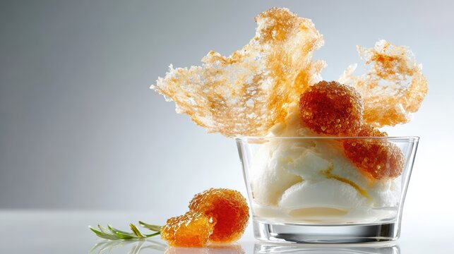 Elegant gourmet dessert with creamy ice cream and golden caviar in a glass. Crispy sugar tuile adds a luxurious touch and sophisticated texture.