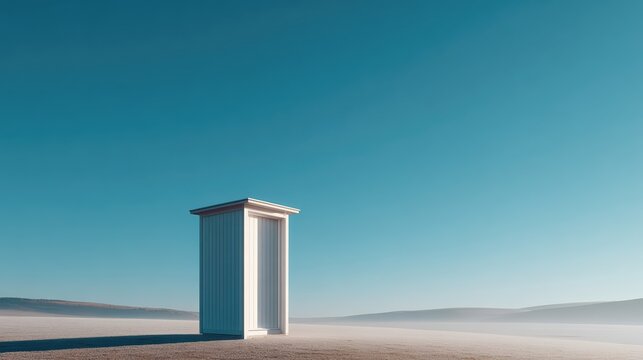 A solitary white house stands in a vast snowy field beneath a clear blue sky. The minimalist, desaturated scene evokes peace, isolation, and quiet serenity.