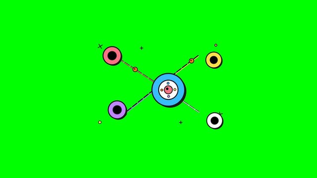 Modern artificial intelligence neural network node animation featuring colorful circular icons and data flow on a chroma key green background.