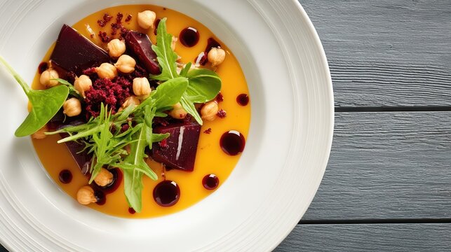 Elegant fine dining plate with creamy carrot puree, roasted chickpeas, beetroot crumble, and microgreens. Modern gastronomy design in ultra-realistic food photography.