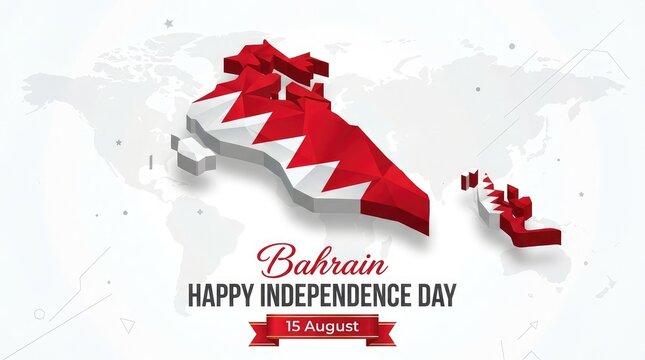 Bahrain Happy Independence Day 15 August 3D map with national flag pattern banner