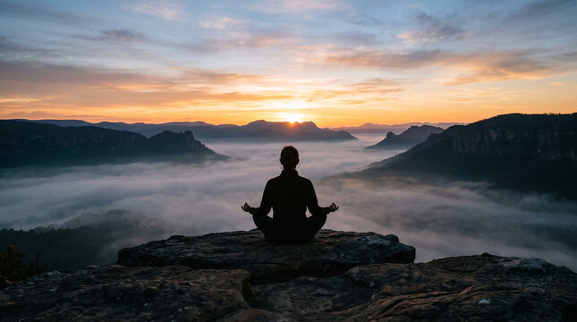 Silhouette of a person meditating cross legged on a flat rock above a misty valley at dawn