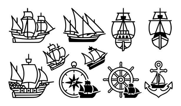 Caravel ship sailing navigation and nautical symbol vector set