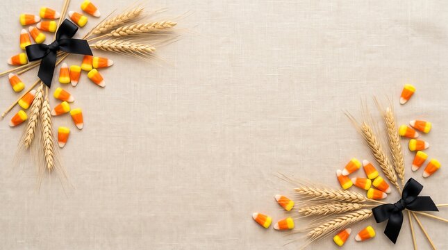 candy corn with wheat ears and black bows on beige linen background