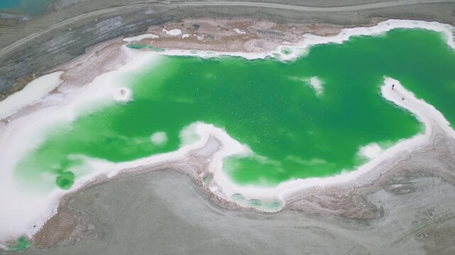 Aerial View of Dachaidan Emerald Lake: Colorful Salt Ponds, White Mineral Crust and Desert Landform in Qinghai