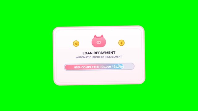 Modern loan repayment progress bar fills to completion with piggy bank icon for automatic monthly installment on green screen background.