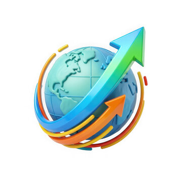 3d globe icon with rising arrows representing global business growth isolated on transparent background