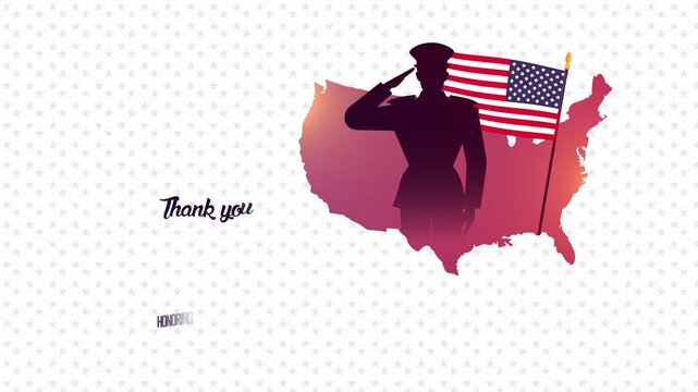 Thank You Veterans Honoring All Who Served Text Animation with Saluting Soldier Silhouette, USA Map, and American Flag