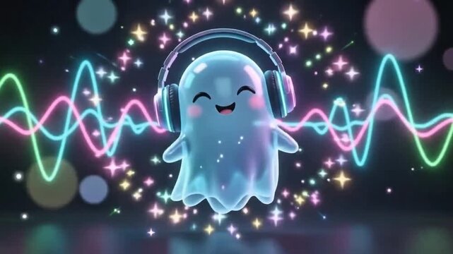 Cute Ghost Wearing Headphones with Colorful Sound Waves and Glow 3D 4K