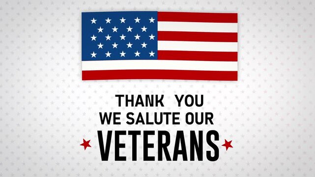 Thank You We Salute Our Veterans Text Animation with USA Flag Brush Stroke on Star Patterned Background